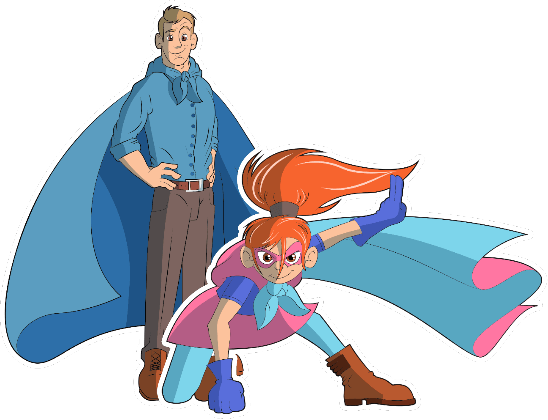 Cartoon superheroes Captain Crawlspace and the Crawlspace Kid representing Stapleton Foundation Systems